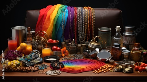 Image of pride-themed items, including rainbow-colored accessories and decorations, capturing the spirit of pride celebrations.