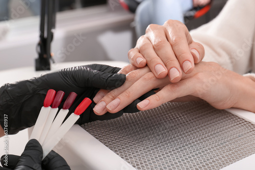 Professional manicurist working with client in salon  closeup