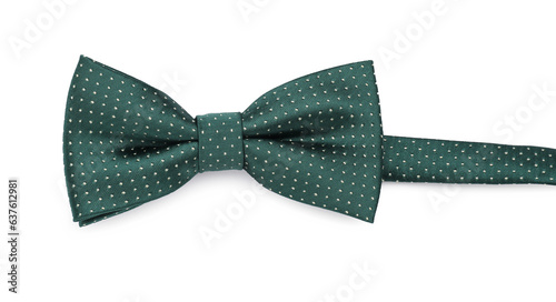 Stylish green bow tie with polka dot pattern on white background, top view