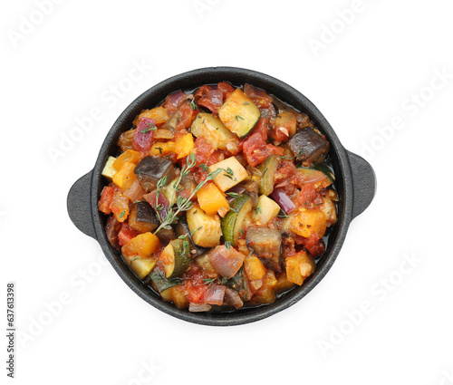 Dish with tasty ratatouille isolated on white, top view