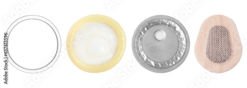 Contraceptive patch  vaginal ring  condom and emergency pill isolated on white. Different birth control methods