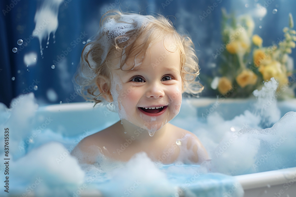Cute little baby taking a bath with foam and soap bubbles Cute little baby taking a bath with foam and soap bubbles