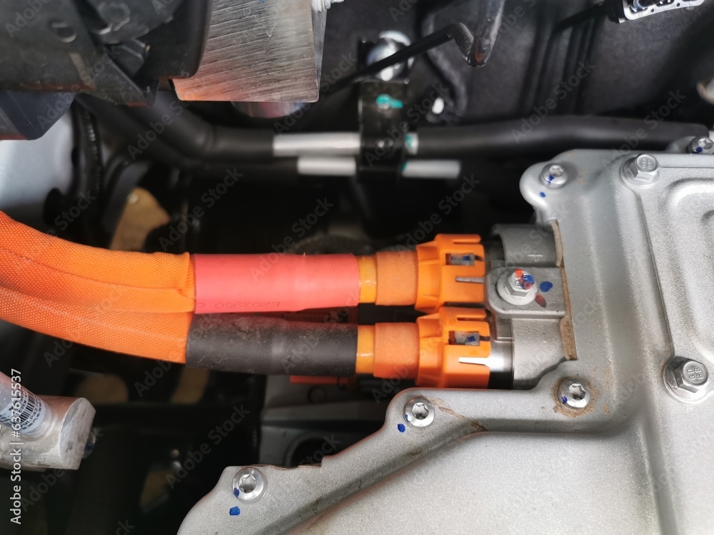 Fototapeta premium Orange main wire in an electric car
