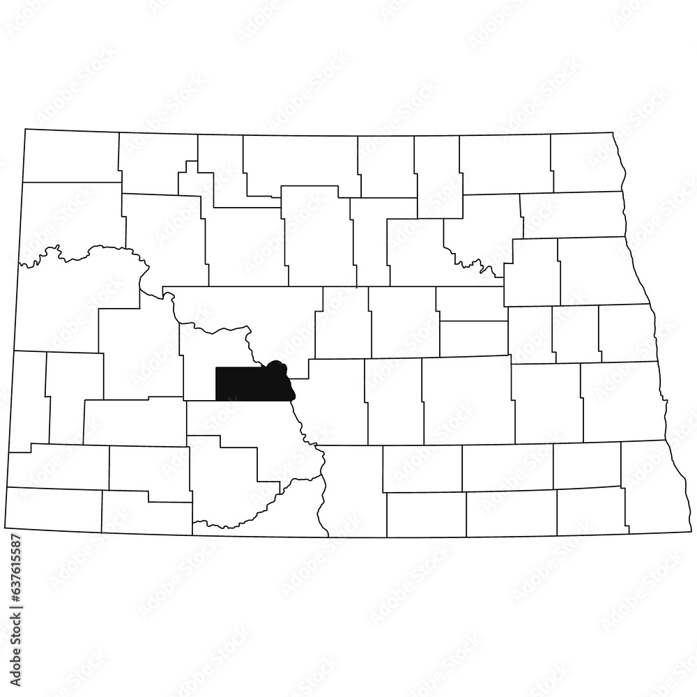 Obraz premium Map of Oliver County in North Dakota state on white background. single County map highlighted by black colour on North Dakota map .