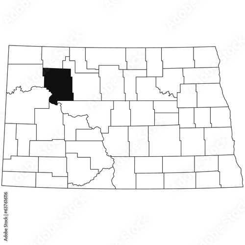 Map of mountrail County in North Dakota state on white background. single County map highlighted by black colour on North Dakota map . photo