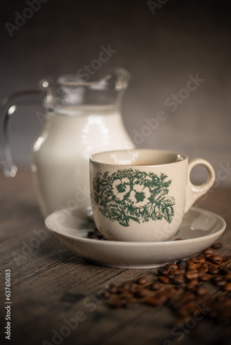Traditional Floral Porcelain Kopitiam Coffee Cup With a Small Jar of Milk. Malaysian Coffee. Chinese Coffee.