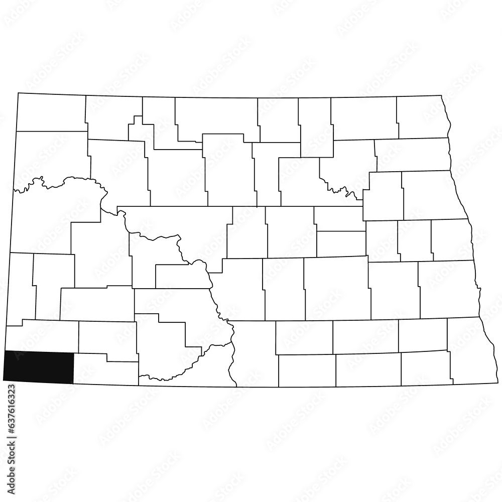 Map of bowman County in North Dakota state on white background. single County map highlighted by black colour on North Dakota map .