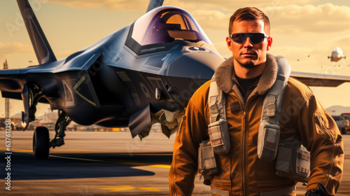Photo Attractive man - Pilot in front of stealth fighter plane
