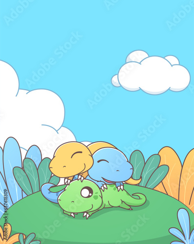 Three Cute Dinosaurs Lying Down Vector Illustration