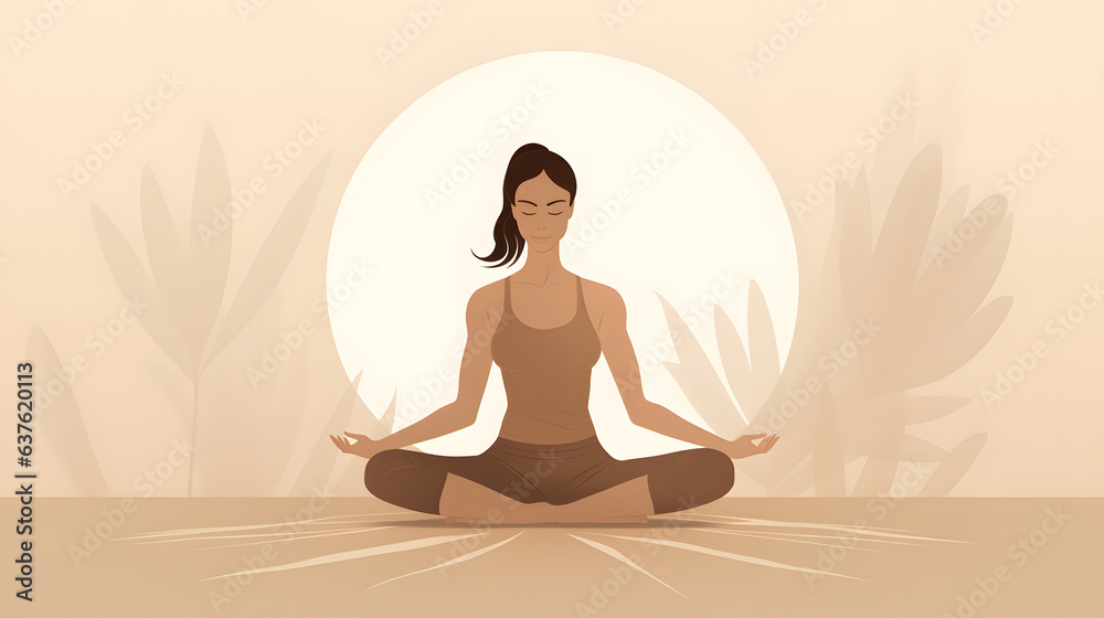 A woman sitting doing yoga pose, isolated beige solid background, wellness concept, Canva, copy space