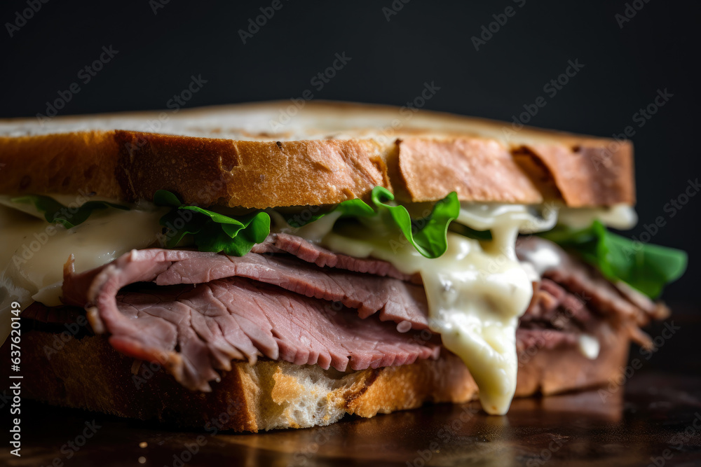A delicious, mouthwatering closeup of a classic roast beef sandwich