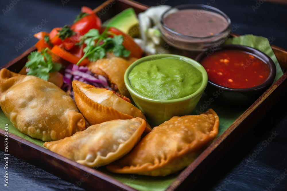 A close-up of a tray filled with various empanadas, accompanied by a side dish of fresh salsa and guacamole, creates a mouthwatering sight A close-up of a tray filled with various empanadas, accompanied by a side dish of fresh salsa and guacamole, creates a mouthwatering sight