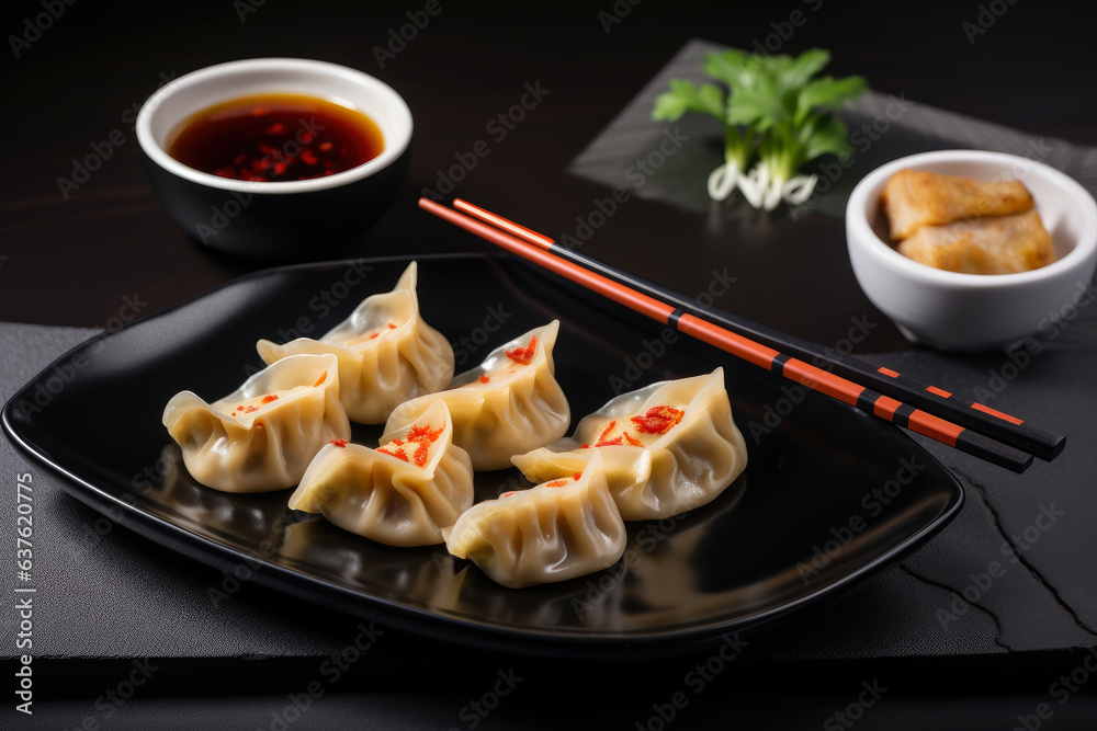 These delicious Szechuan chicken dumplings come with a spicy soy dipping sauce, served on a sleek black ceramic plate