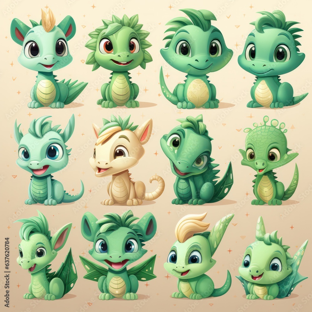 Naklejka premium Clipart set of cartoon green wooden dragon with different emotions. 
