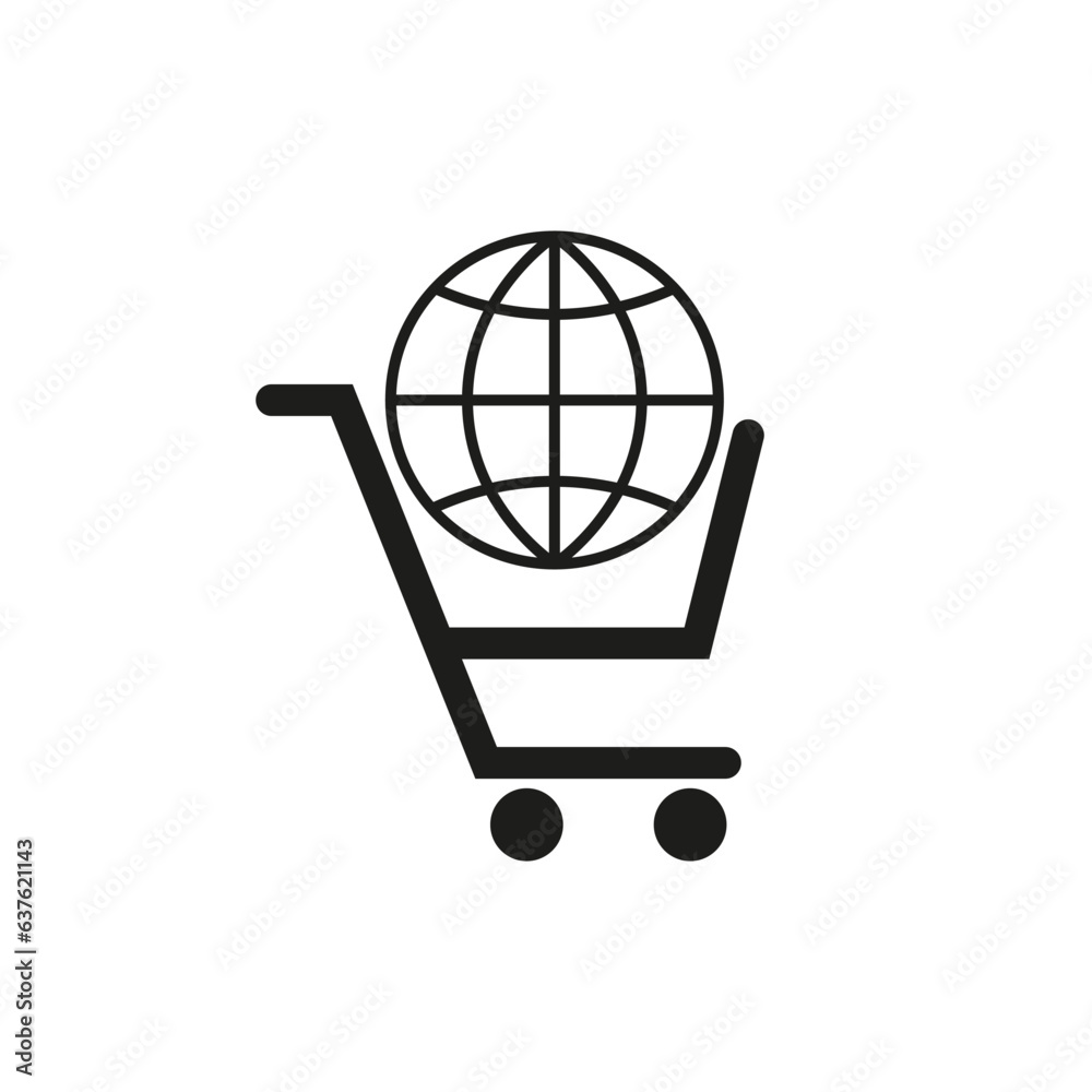 Put in shopping cart. Globe icon. Globe in a shopping cart. Vector illustration. EPS 10. Put in shopping cart. Globe icon. Globe in a shopping cart. Vector illustration. EPS 10.