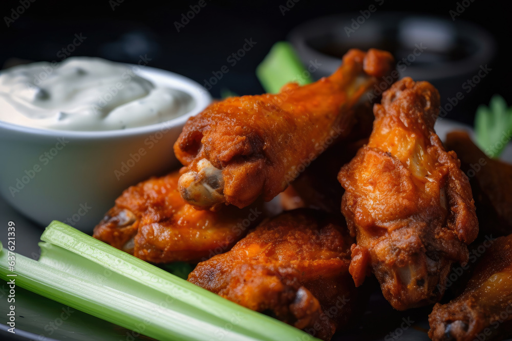 A close-up of flawlessly seasoned fried chicken wings served with blue cheese dip and celery sticks, captured in a captivating macro shot