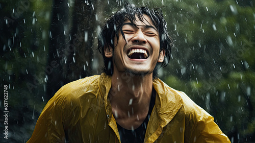 Image of positive young korean man smiling during rain in tropical forest. Cheerful male enjoying the rain outdoors.