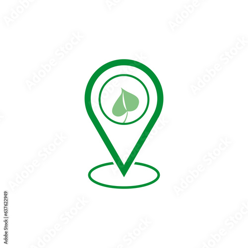 Pin location with leaf. Green area logo. Vector illustration. EPS 10.