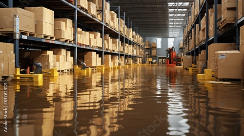 Canvastavla Flooded warehouse with cardboard boxes floating on water due to flooding