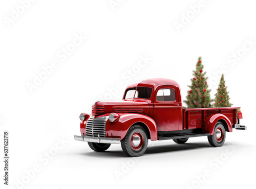 Holiday Red Truck carries a Christmas tree and gifts .on a white background. illustration for postcard or children's book. 