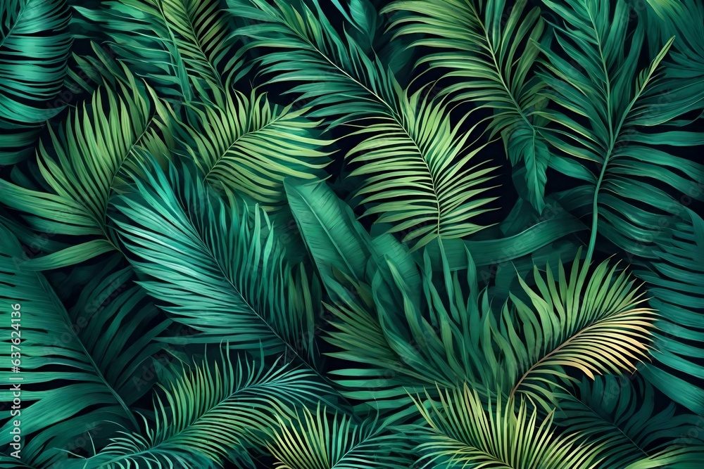 Naklejka premium Tropical palm leaves pattern background. Generative AI.