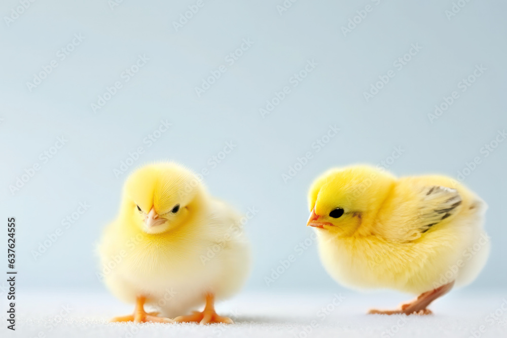 small yellow chickens on a light background. postcard with copy space, easter concept. 