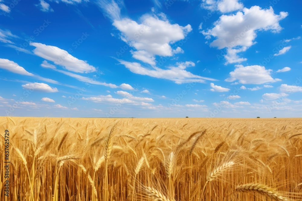 Golden Symphony of Nature: Immersive View of Expansive Wheat Field Dancing Beneath a Serenely Beautiful Blue Sky Adorned with Whimsical White Clouds