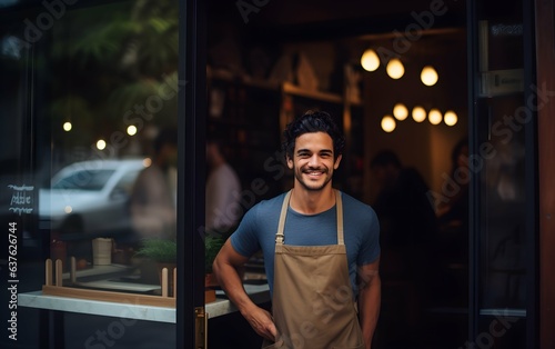 young entrepreneur man smiling in front of his cafe