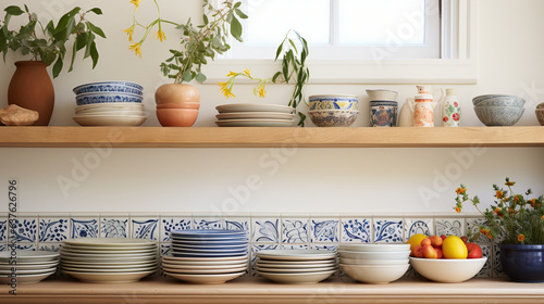 A farmhouse sink surrounded by open shelves filled with colorful pottery  