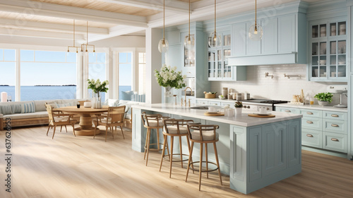 A modern coastal kitchen with light blue cabinets and nautical décor 