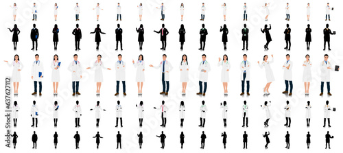 Hand-drawn male and female healthcare workers. Happy smiling doctor with a stethoscope. A doctor in a white coat poses. Different color options. Vector flat style illustration set isolated on white