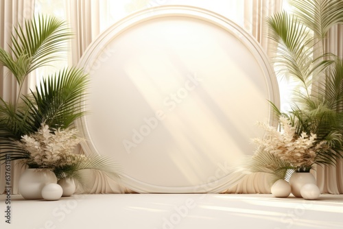 Abstract white studio background for product presentation. Empty room with shadows from windows and flowers and palm leaves. 3D room with copy space. Ai generative