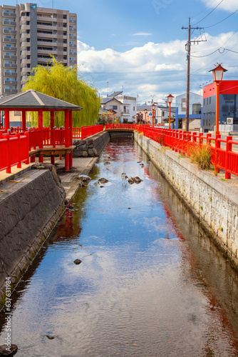 Nakatsu, Japan - Nov 26 2022: Kongogawa-nishi Park is a small public park located by the Kongogawa river in  Nakatsu photo