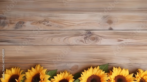 AI generated, Top view of a light brown wood texture with sunflowers around it with space for text, minimalism style.
