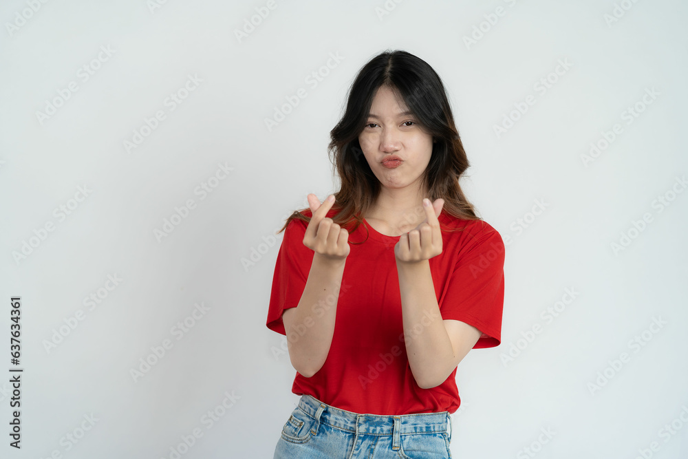 Positive Asian woman thinking creative choice on white background Smiling girl thinking about questions some brooding expressions Positive Asian woman thinking creative choice on white background Smiling girl thinking about questions some brooding expressions