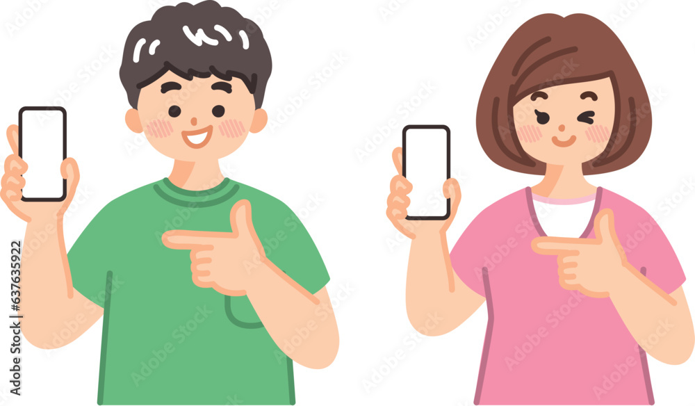 手に持っているスマートフォンを指差す若者 手に持っているスマートフォンを指差す若者