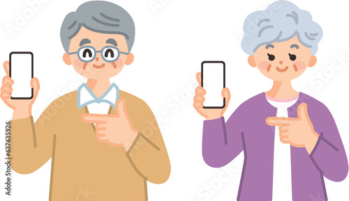 手に持っているスマートフォンを指差す高齢者