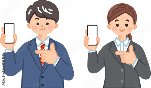 手に持っているスマートフォンを指差すビジネスパーソン