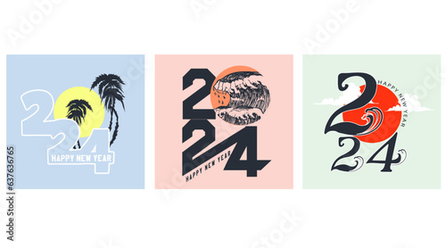 SET summer beach waves and palm tree vibes happy new year 2024, 2024 new year celebration concept for greeting card, banner and post template