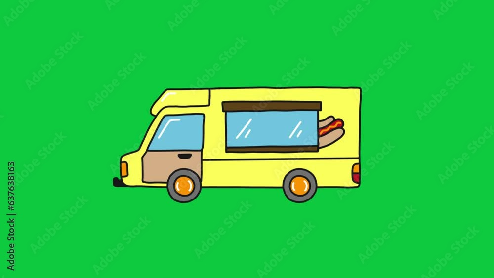 Cartoon Hot Dog Truck Car Animation Start Engine Running Wheel Rotation Green Screen, Cute Car Animation for Kids
