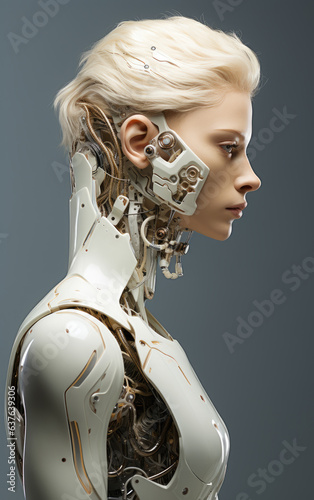 Android robot face portrait on gray background. Artificial intelligence concept. Futuristic blonde female robot head with technology neural system. Generative AI woman head-shot.
