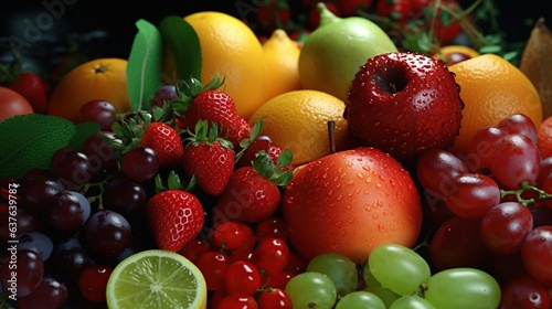 Composition with fresh fruits as background  closeup. Balanced diet