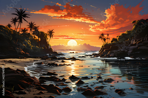 Illustration of a sunset at a tropical beach