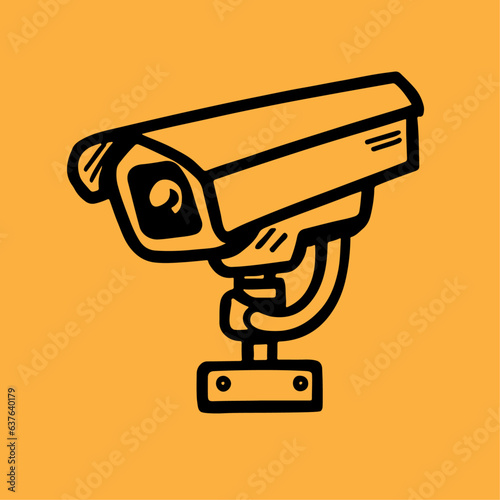 Security camera. CCTV surveillance system. Monitoring, guard equipment, burglary or robbery prevention. Vector illustration isolated on yellow background.