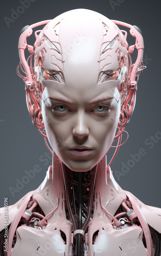 Android robot face portrait on gray background, and pastel pink colors. Artificial intelligence concept. Futuristic female robot head with technology neural system. Generative AI woman head-shot.