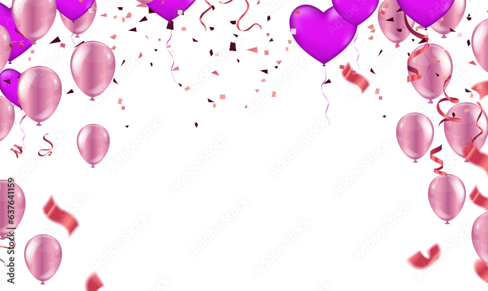Happy Valentines Day. Pink balloons with confetti and ribbons. Vector illustration