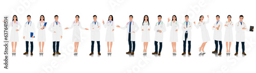 Hand-drawn male and female healthcare workers. Happy smiling doctor with a stethoscope. A doctor in a white coat poses. Different color options. Vector flat style illustration set isolated on white