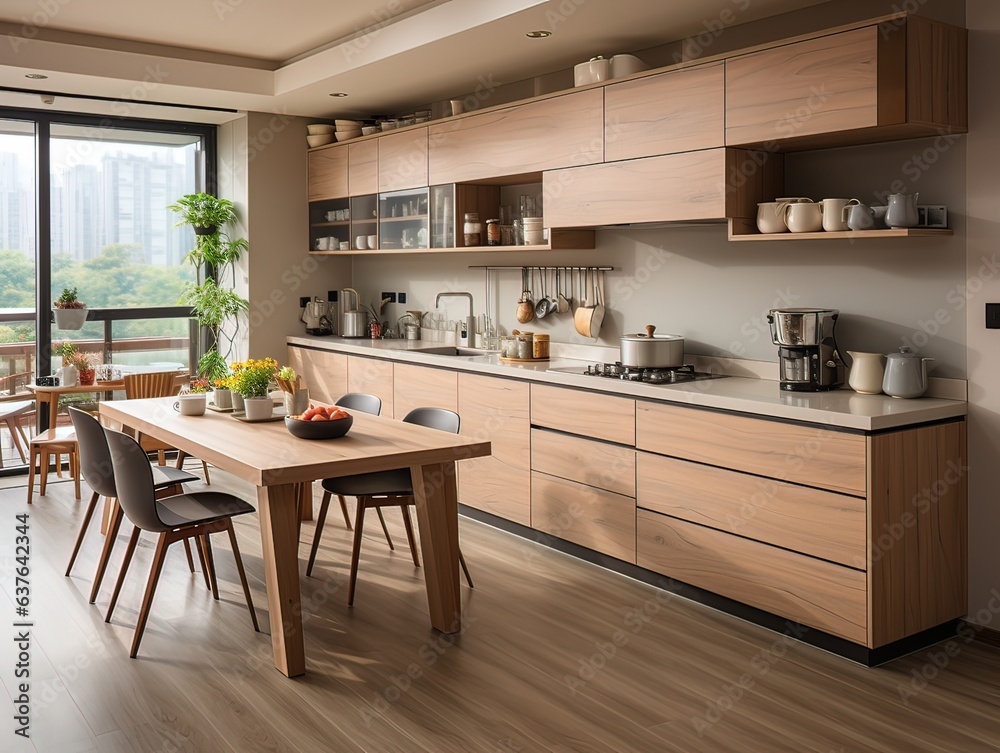 modern kitchen with dining table and big window minimal, luxury, wooden