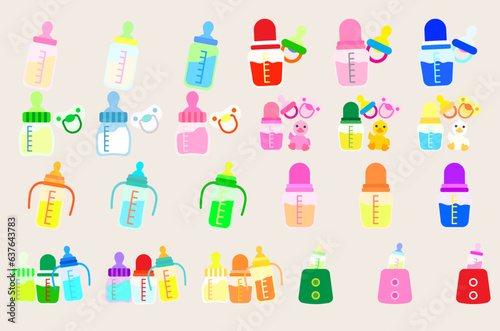 Collection illustration Baby feeding bottle. Nutrition in plastic container for newborn baby .Set of Baby bottle.