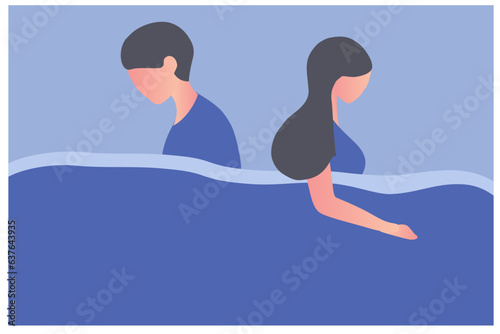 Young couple sleeping and turned back each other. Intimate, married or sexual problems vector illustration 